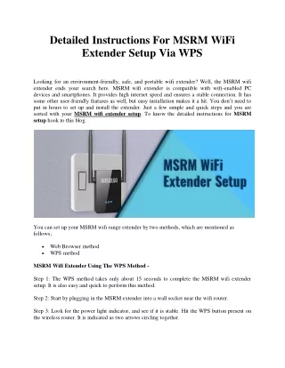 Detailed Instructions For MSRM WiFi Extender Setup Via WPS