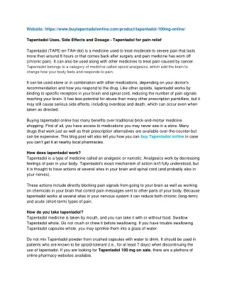 Tapentadol Uses, Side Effects and Dosage