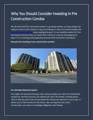 Why You Should Consider Investing In Pre Construction Condos