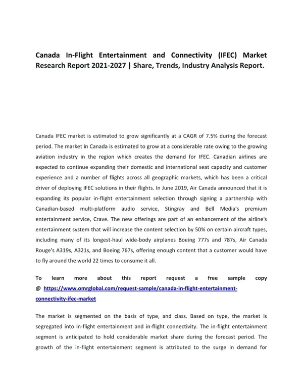 Canada In-Flight Entertainment and Connectivity (IFEC) Market