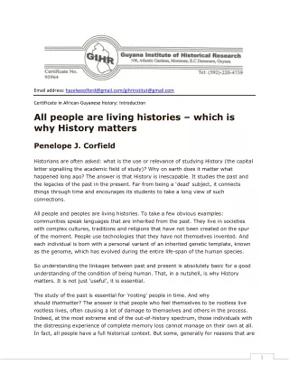 Certificate in African -Guyanese history Introduction.