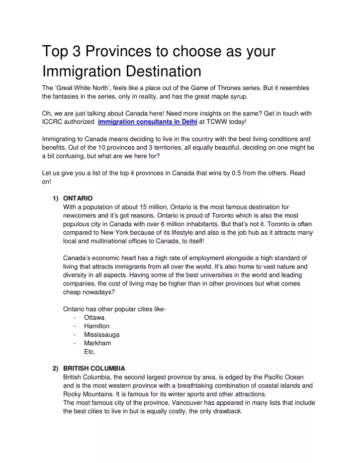 top 3 provinces to choose as your immigration