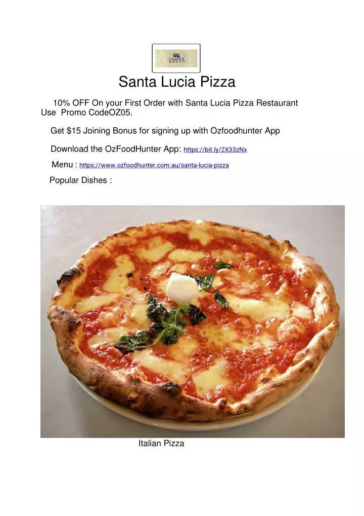 santa lucia pizza 10 off on your first order with