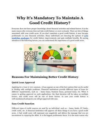 Why It's Mandatory To Maintain A Good Credit History?