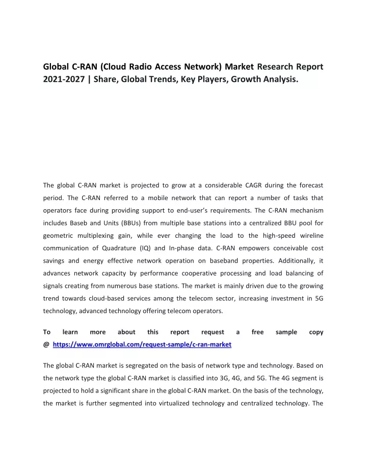 global c ran cloud radio access network market