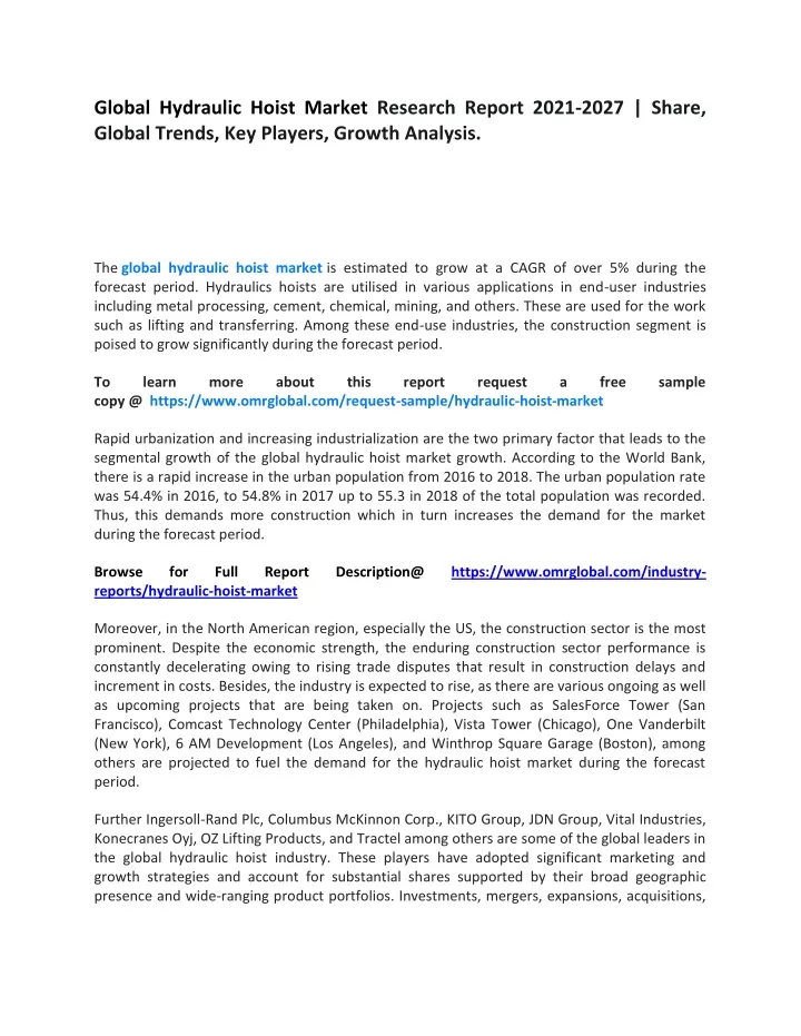 global hydraulic hoist market research report