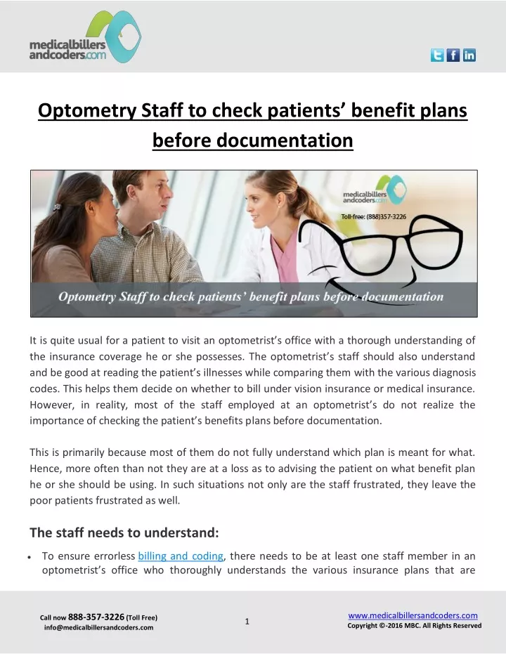 optometry staff to check patients benefit plans
