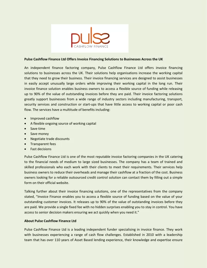 pulse cashflow finance ltd offers invoice