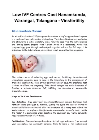 Low IVF Centres Cost Hanamkonda, Warangal, Telangana - Vinsfertility