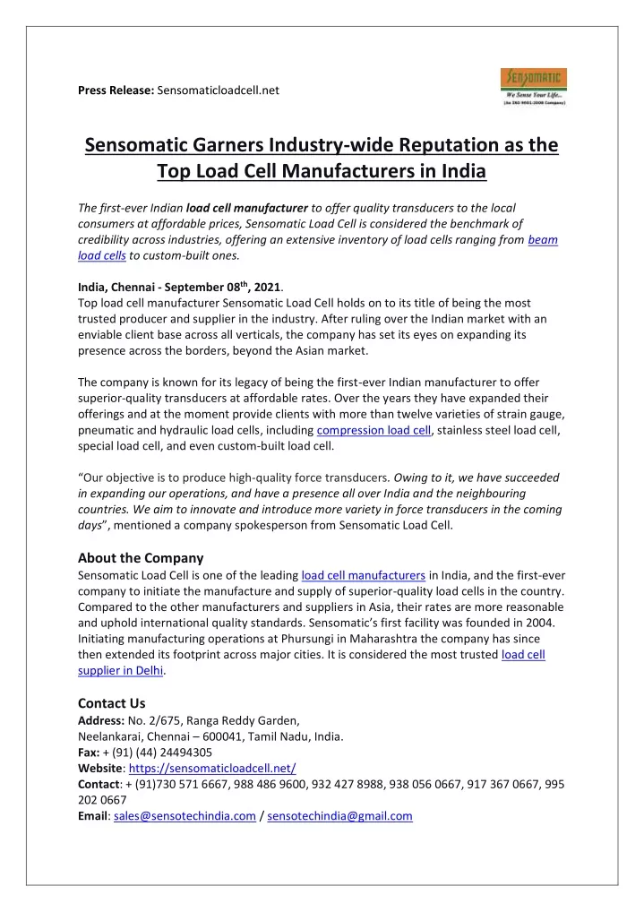 press release sensomaticloadcell net