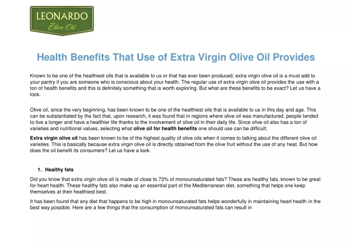 health benefits that use of extra virgin olive