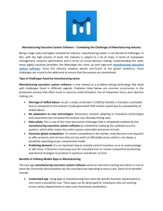 Manufacturing Execution System Software – Combating the Challenges of Manufacturing industry
