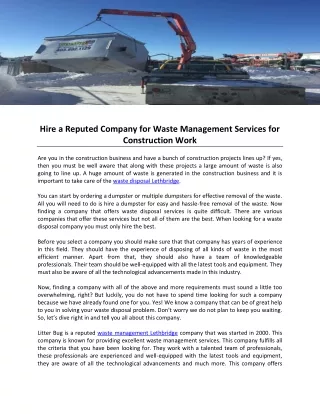 Hire a Reputed Company for Waste Management Services for Construction Work
