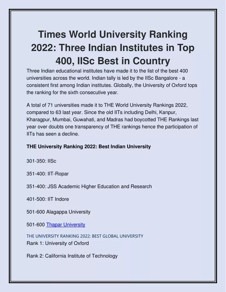 times world university ranking 2022 three indian