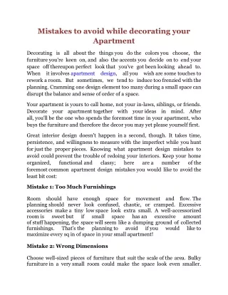 Mistakes to avoid while decorating your Apartment
