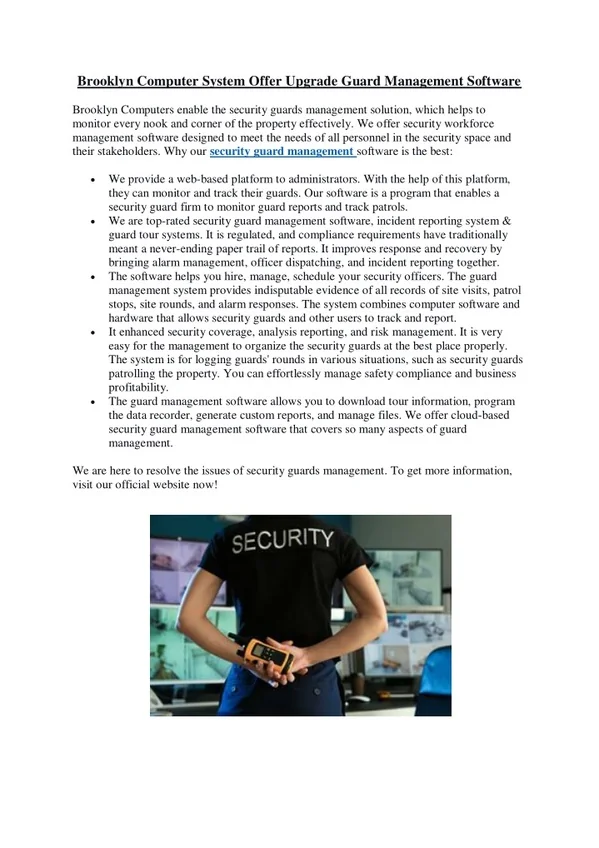 Brooklyn Computer System Offer Upgrade Guard Management Software