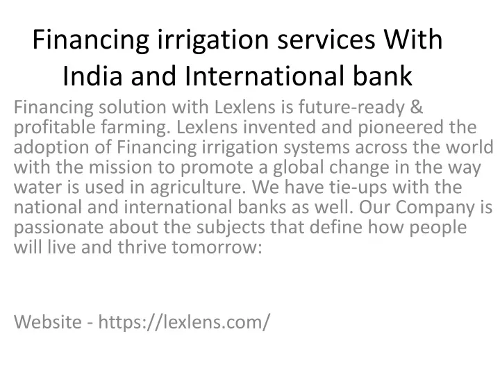 financing irrigation services with india and international bank