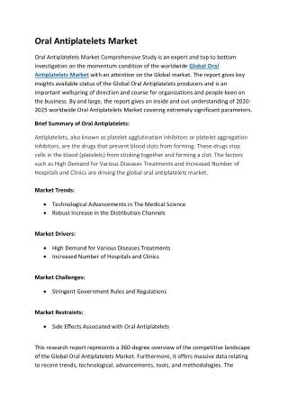 Oral Antiplatelets Market Status; the Best Is Yet to Come