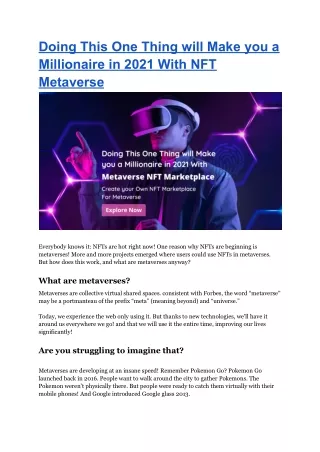 Doing This One Thing will Make you a Millionaire in 2021 With NFT Metaverse