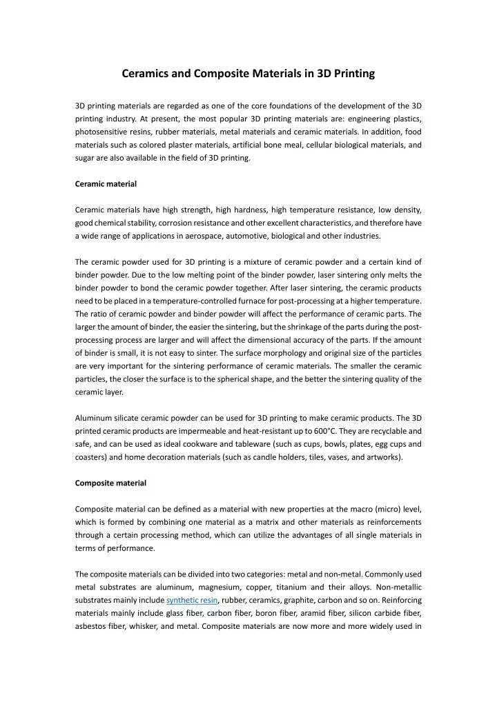 ceramics and composite materials in 3d printing