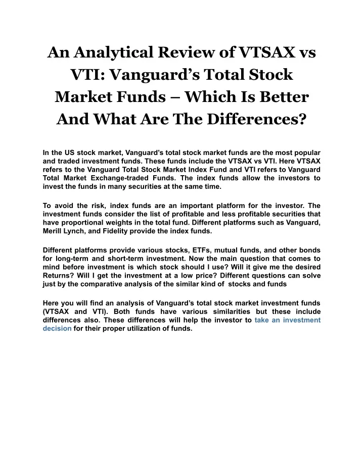 an analytical review of vtsax vs vti vanguard