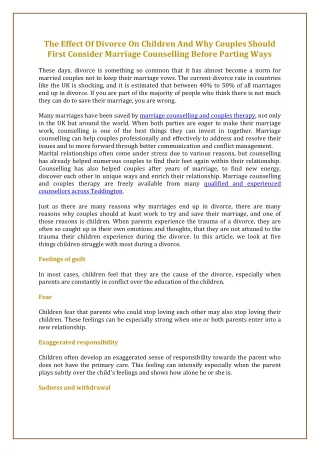 The Effect Of Divorce On Children And Why Couples Should First Consider Marriage Counselling Before Parting Ways