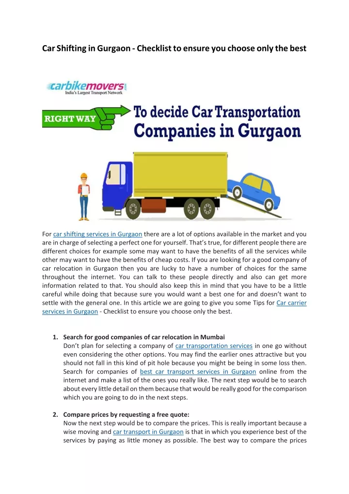 car shifting in gurgaon checklist to ensure