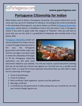 Portuguese Citizenship for Indian
