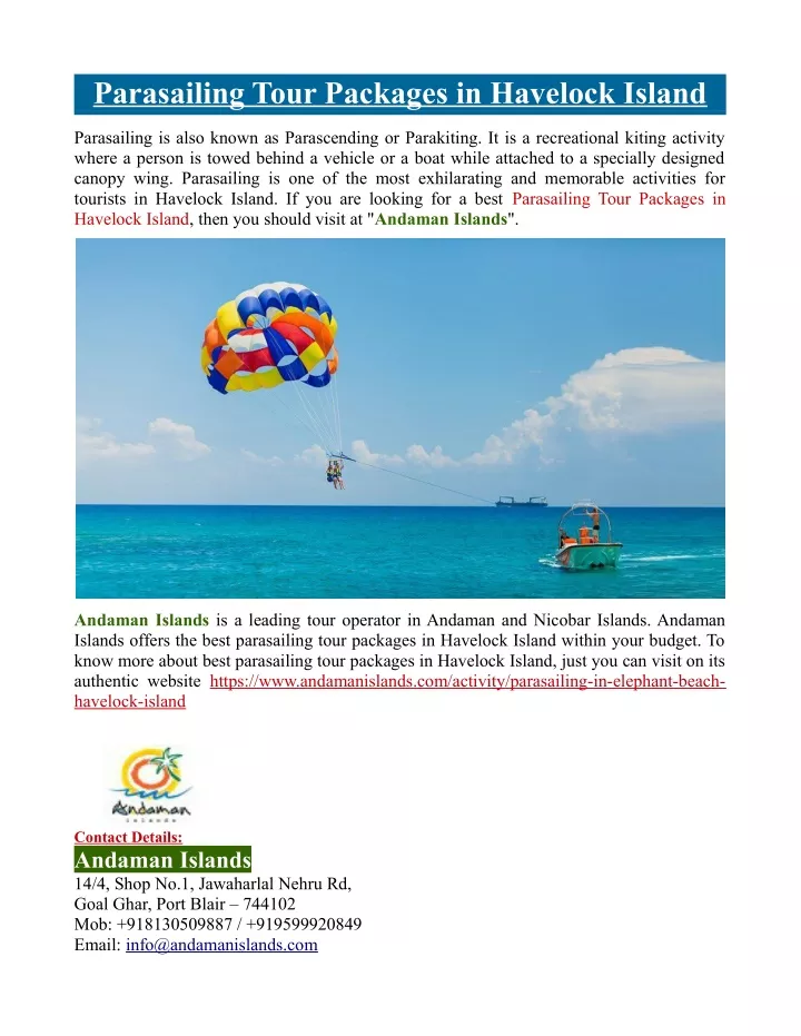 parasailing tour packages in havelock island