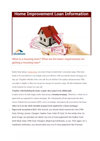 what is a housing loan what are the basic