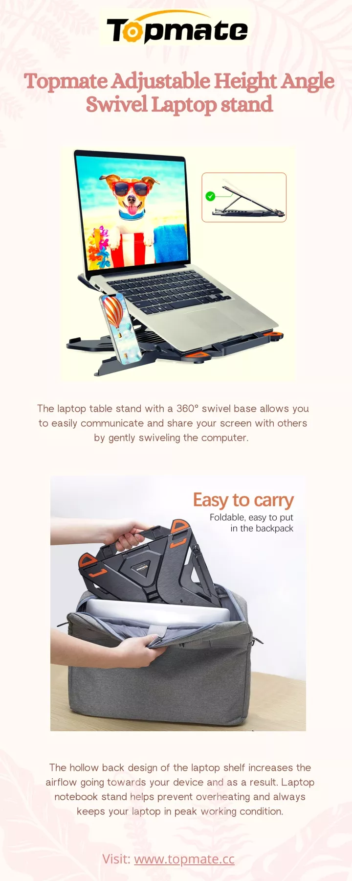 topmate adjustable height angle swivel laptop