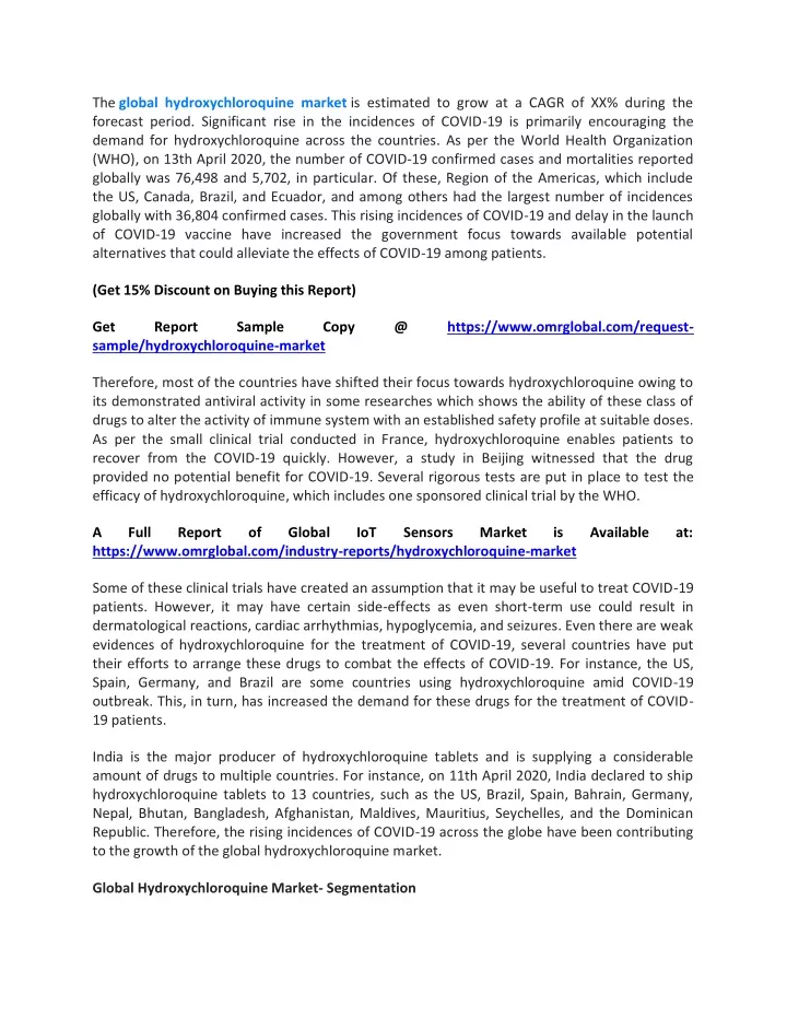 the global hydroxychloroquine market is estimated