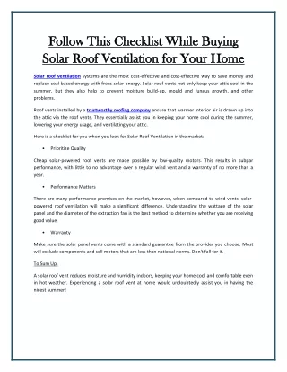 Follow This Checklist While Buying Solar Roof Ventilation for Your Home