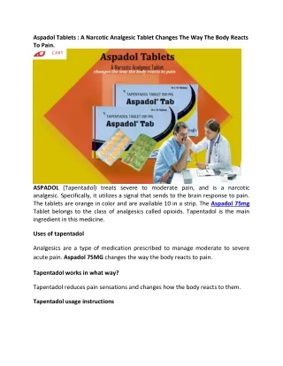 Aspadol Tablets A Narcotic Analgesic Tablet Changes The Way The Body Reacts To Pain