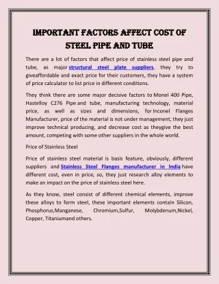 Important Factors Affect Cost Of Steel Pipe and Tube