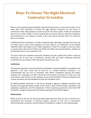 Ways To Choose The Right Electrical Contractor In London