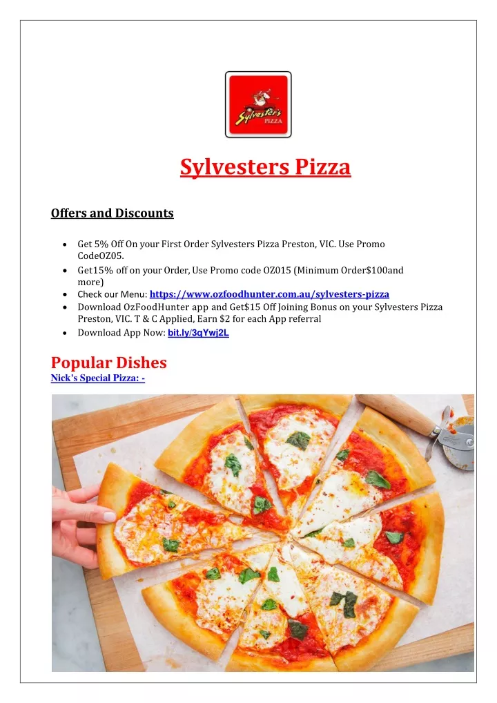 sylvesters pizza offers and discounts