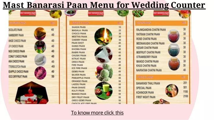 mast banarasi paan menu for wedding counter