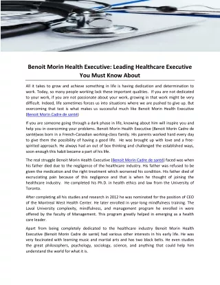 Benoit Morin Health Executive- Leading Healthcare Executive You Must Know About