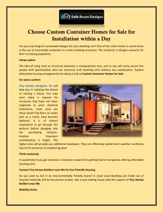 Choose Custom Container Homes for Sale for Installation within a Day