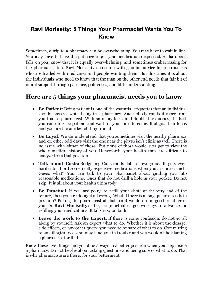 ravi morisetty 5 things your pharmacist wants