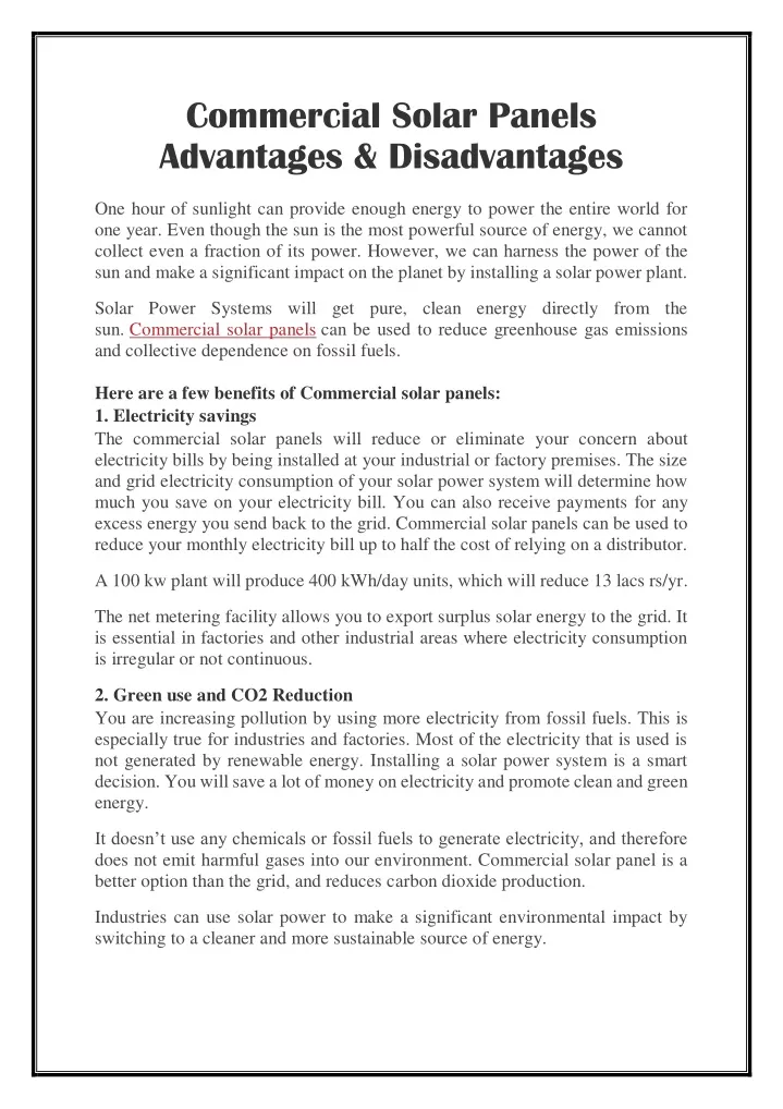 commercial solar panels advantages disadvantages