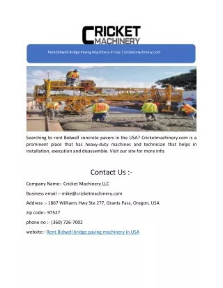 Rent Bidwell Bridge Paving Machinery in Usa | Cricketmachinery.com