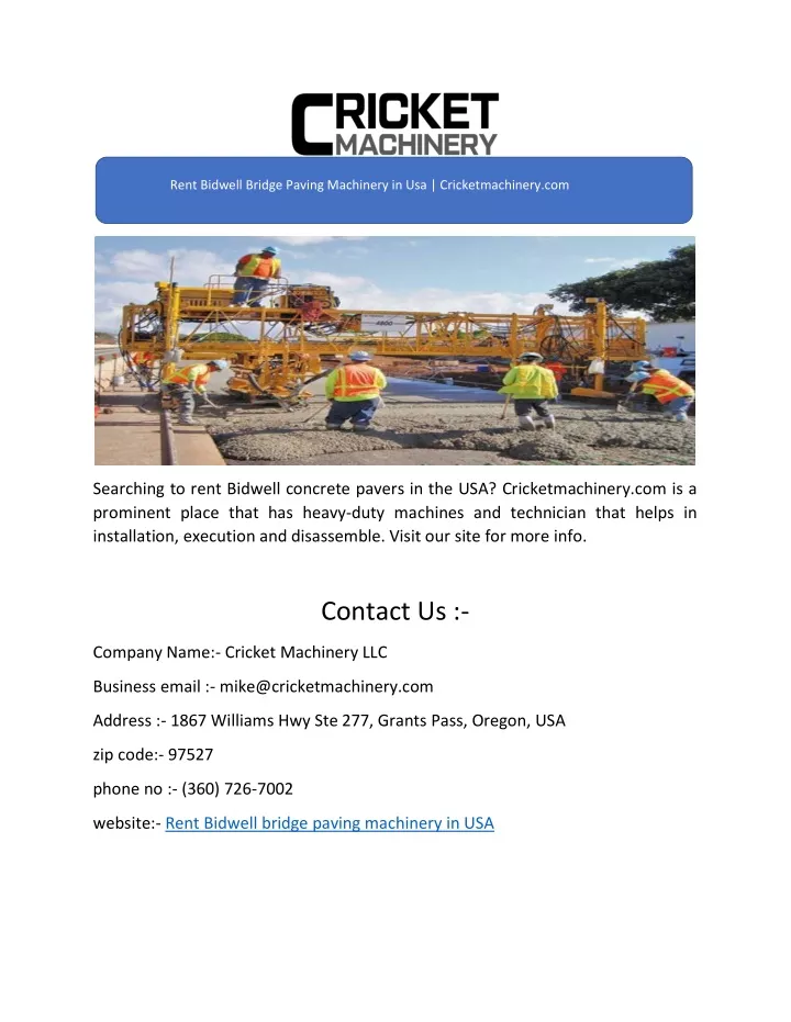 rent bidwell bridge paving machinery