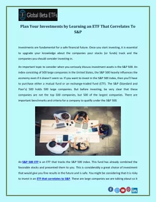 Plan Your Investments by Learning an ETF That Correlates To S&P