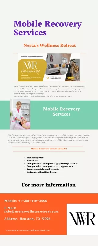 Mobile Recovery Services  -Nesta's Wellness Retreat Post Surgical Care