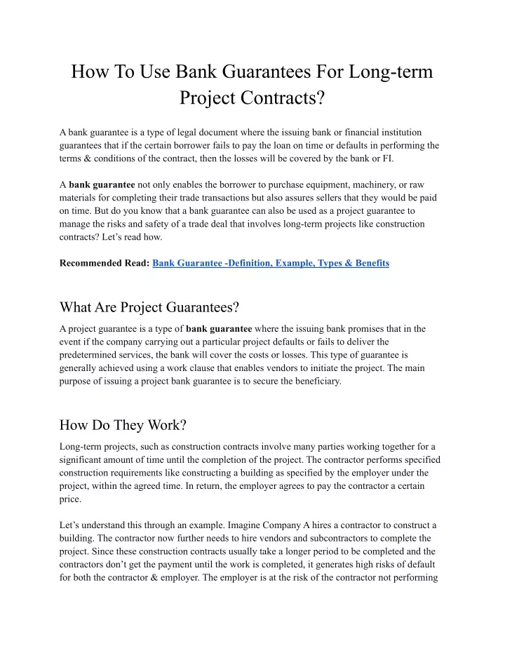 how to use bank guarantees for long term project