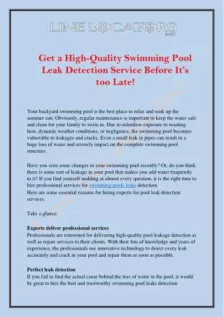 High-Quality Swimming Pool Leak Detection Service By Line Locators Inc