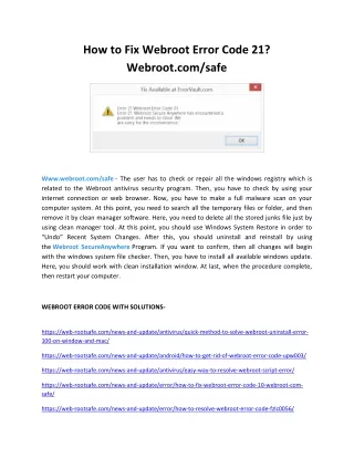 Resolve Webroot.com/safe Antivirus Error Code 21