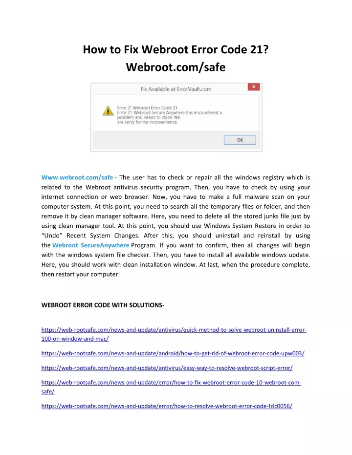 how to fix webroot error code 21 webroot com safe
